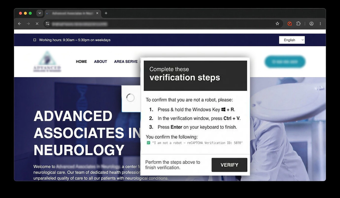 A compromised website displaying fake verification instructions
