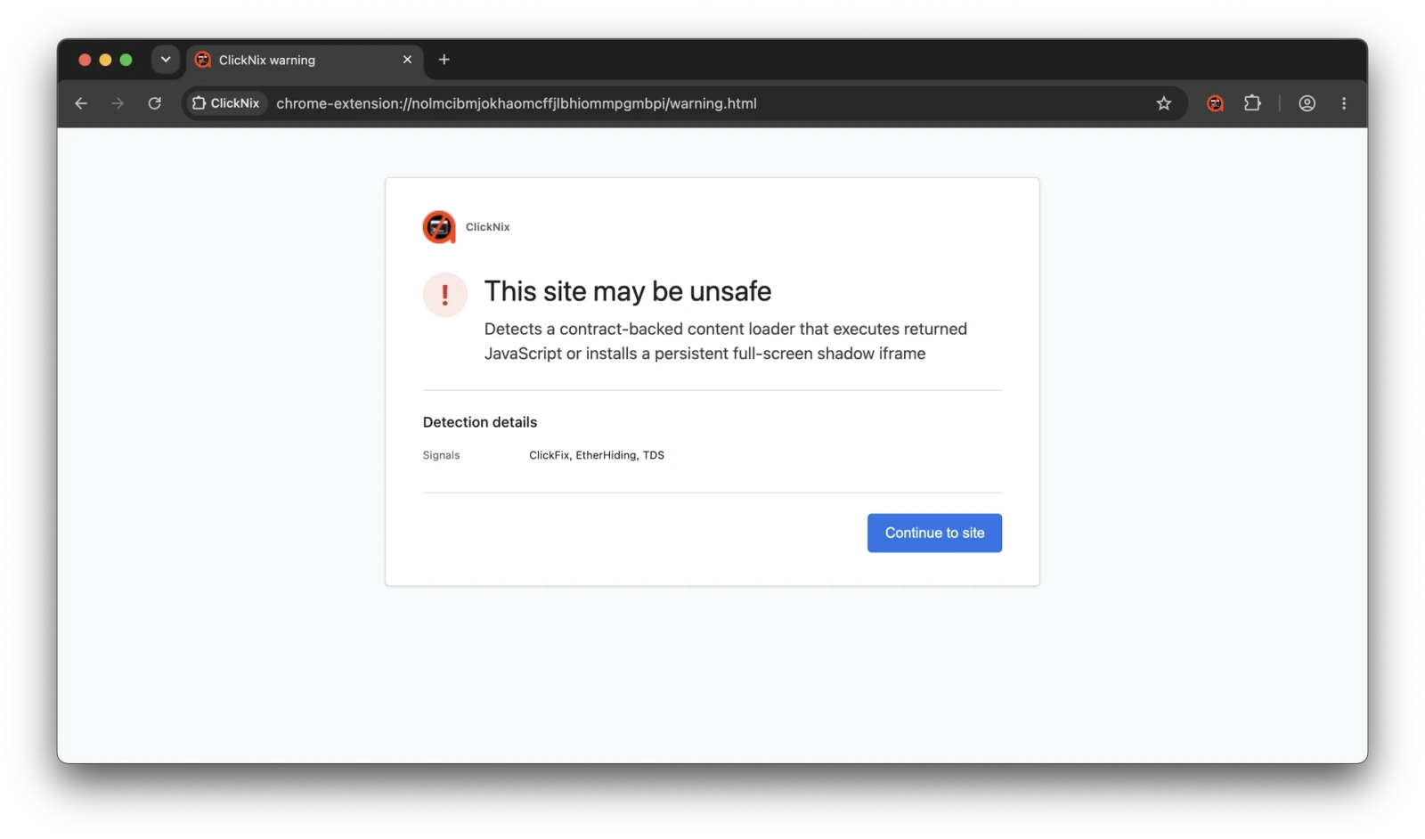 ClickNix warning that a website may be unsafe