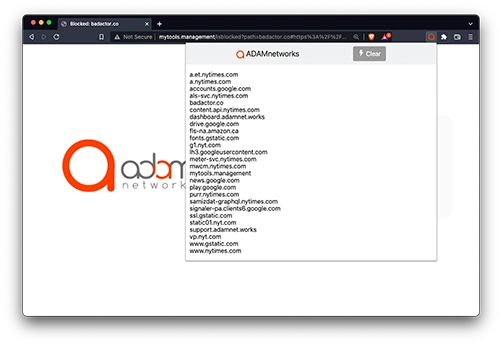 adam ONE assist popup listing the current website domain dependencies