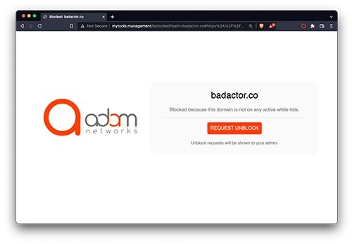 ADAMnetworks block page with a request unblock button displayed after assistant redirection