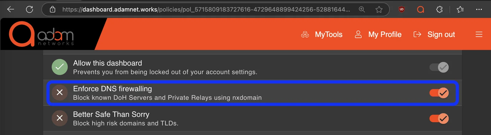 adam:ONE dashboard option to block known DoH servers and Private Relay using NXDOMAIN