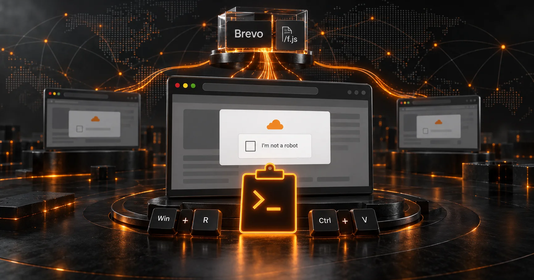 Brevo's shared script delivery connected to browser verification prompts and a clipboard command, illustrated in charcoal and orange.