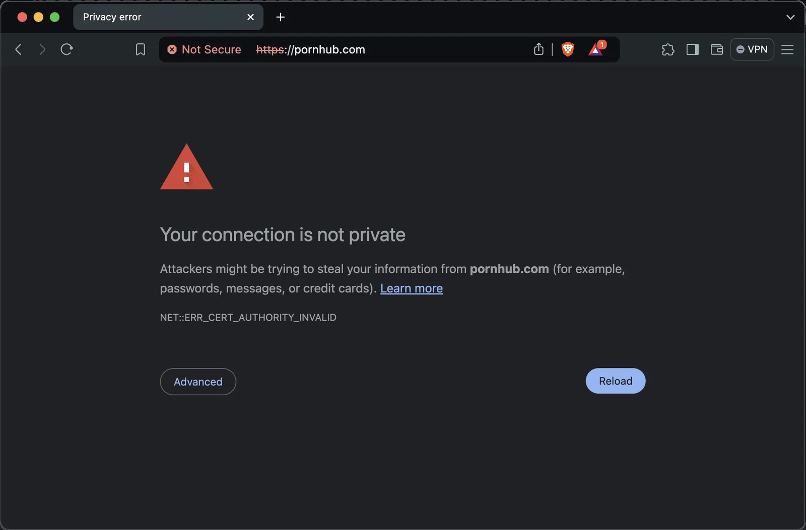 Browser certificate warning shown when a blocked HTTPS site is redirected to a block-page IP