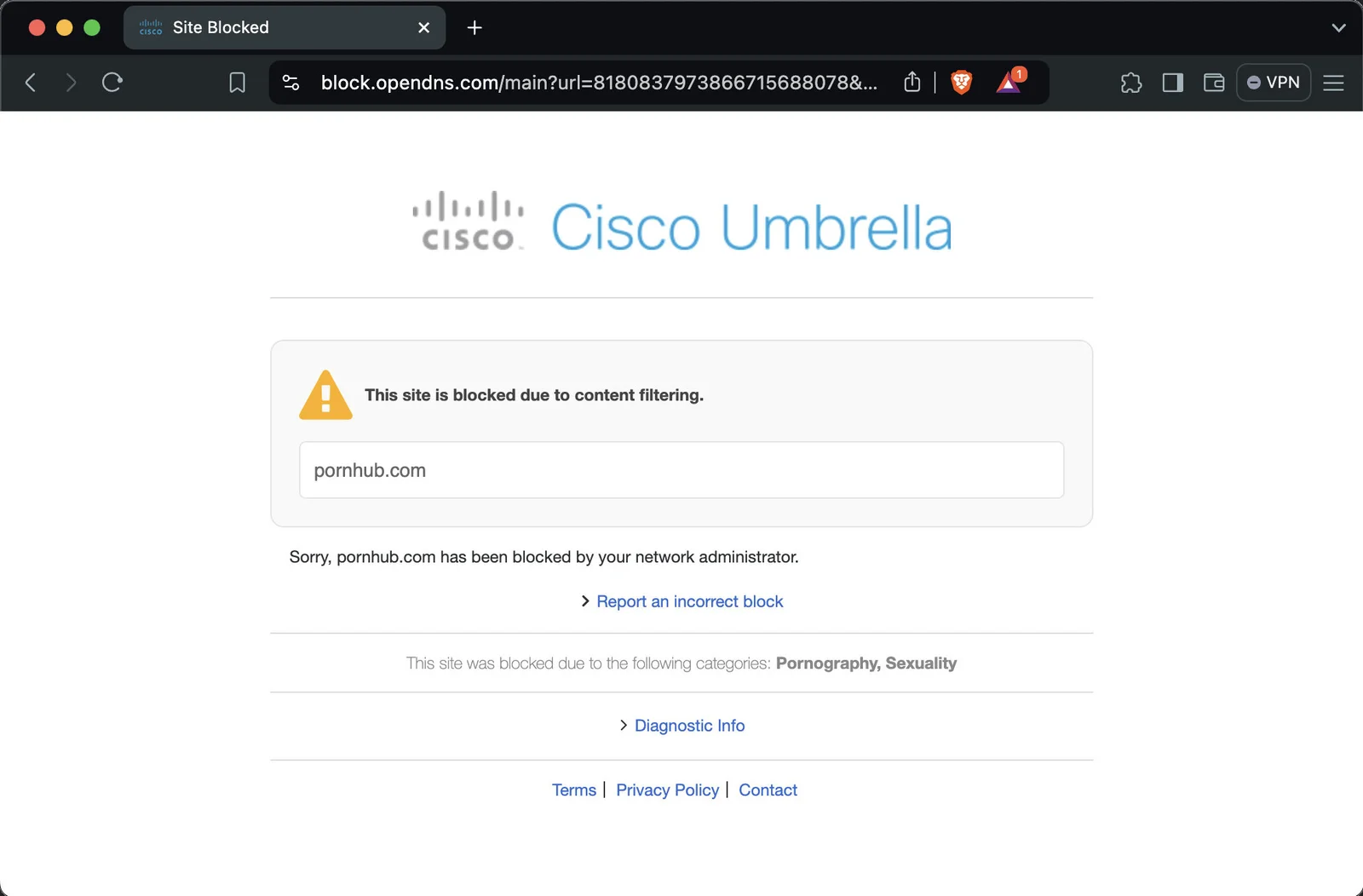 Cisco Umbrella block page for a site blocked by content filtering