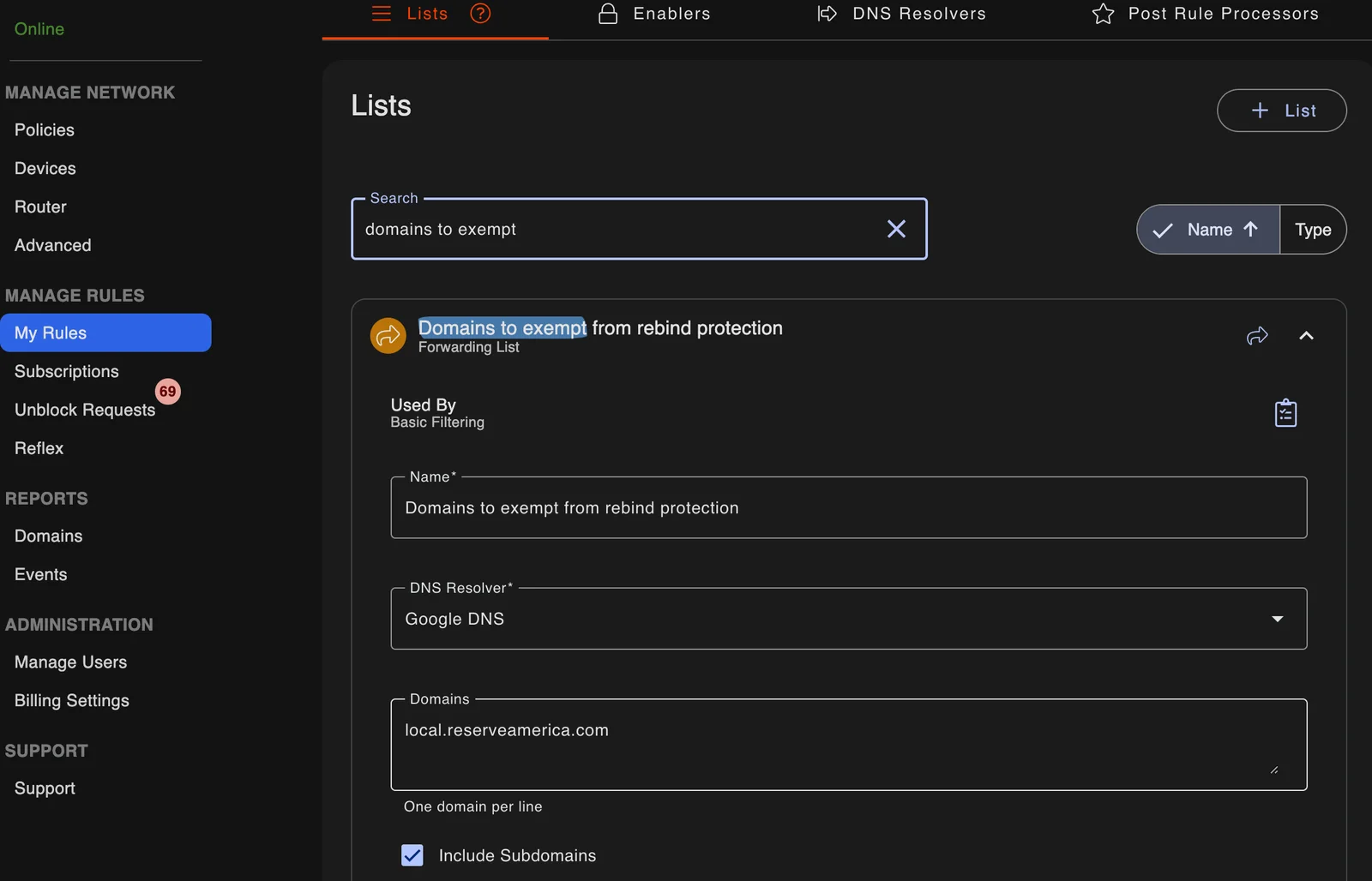 adam:ONE rule exempting selected domains from rebind protection