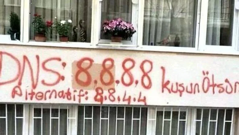 Graffiti of Google Public DNS addresses 8.8.8.8 and 8.8.4.4 on a wall in Turkey