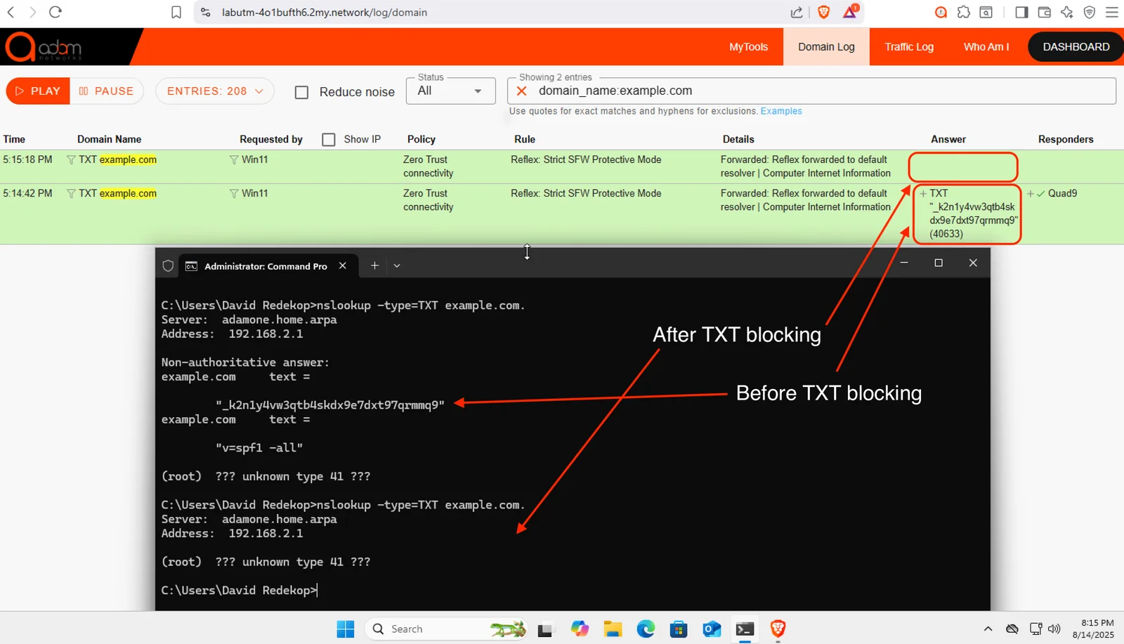 nslookup results for a TXT record before and after TXT blocking
