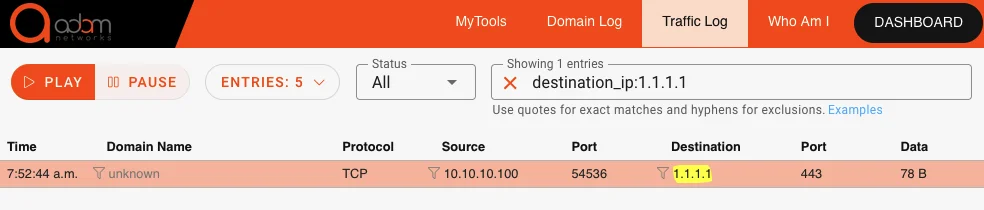 adam:ONE traffic log showing a blocked direct-to-IP connection in red