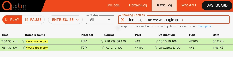 adam:ONE traffic log showing allowed connections in green