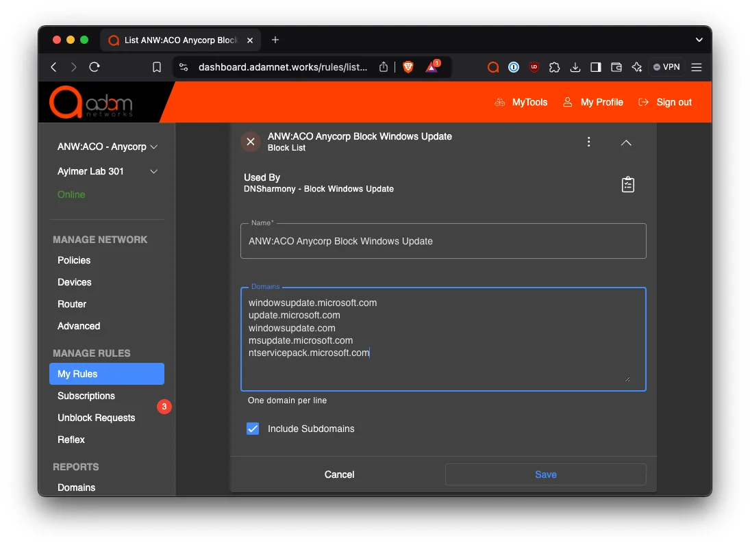 adam:ONE blocklist rule containing the Windows Update domains