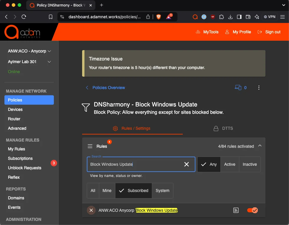 Policy with the Block Windows Update rule enabled