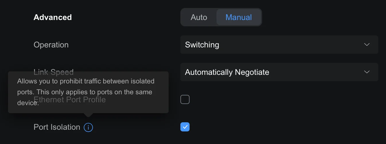 UniFi switch port isolation setting