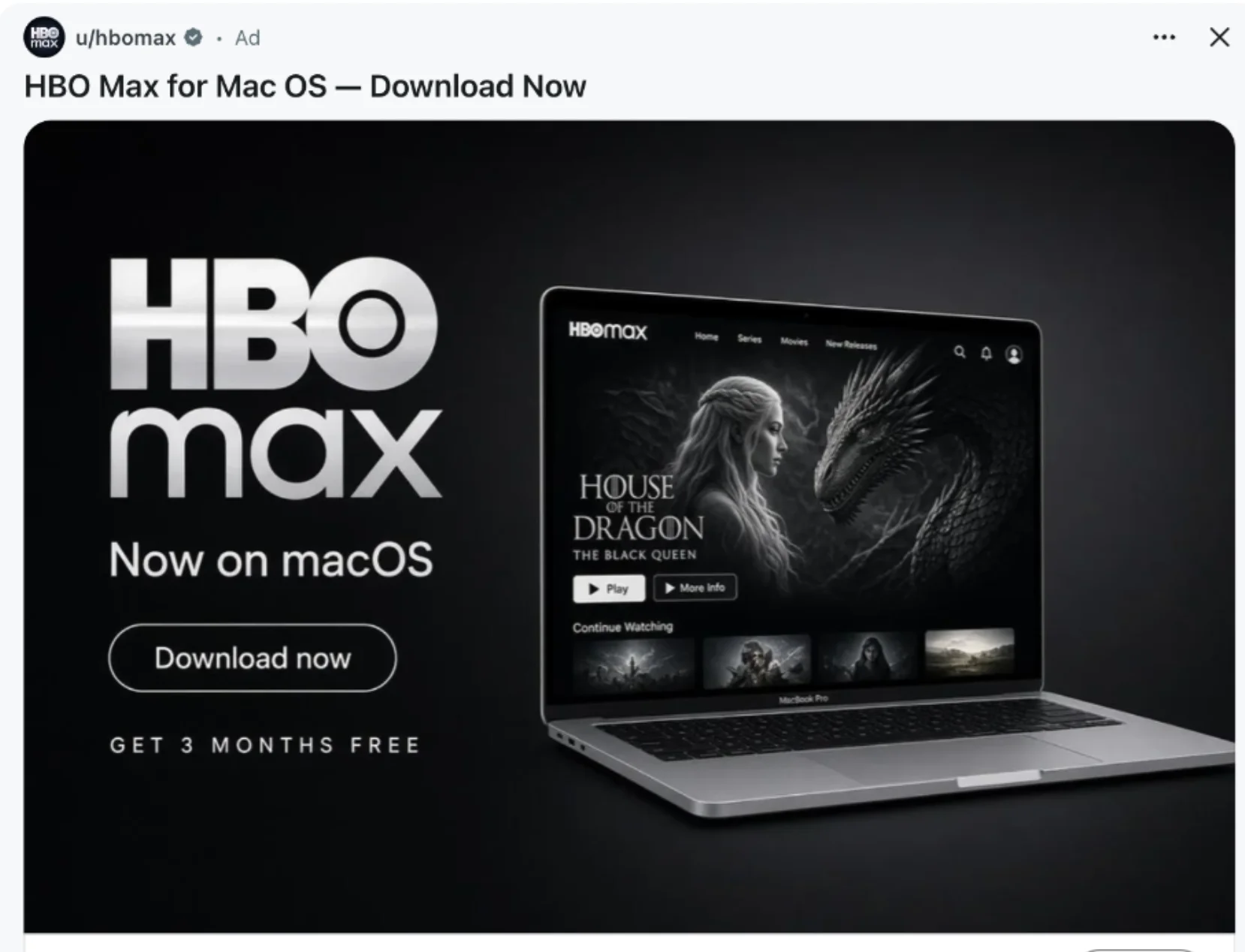 A malicious HBO Max advertisement posted by the verified Reddit account