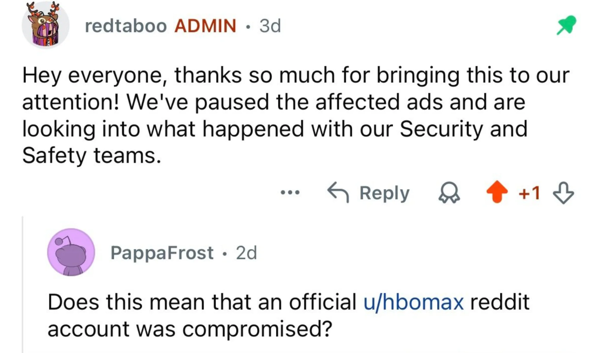 Reddit administrator response confirming that the ads were paused