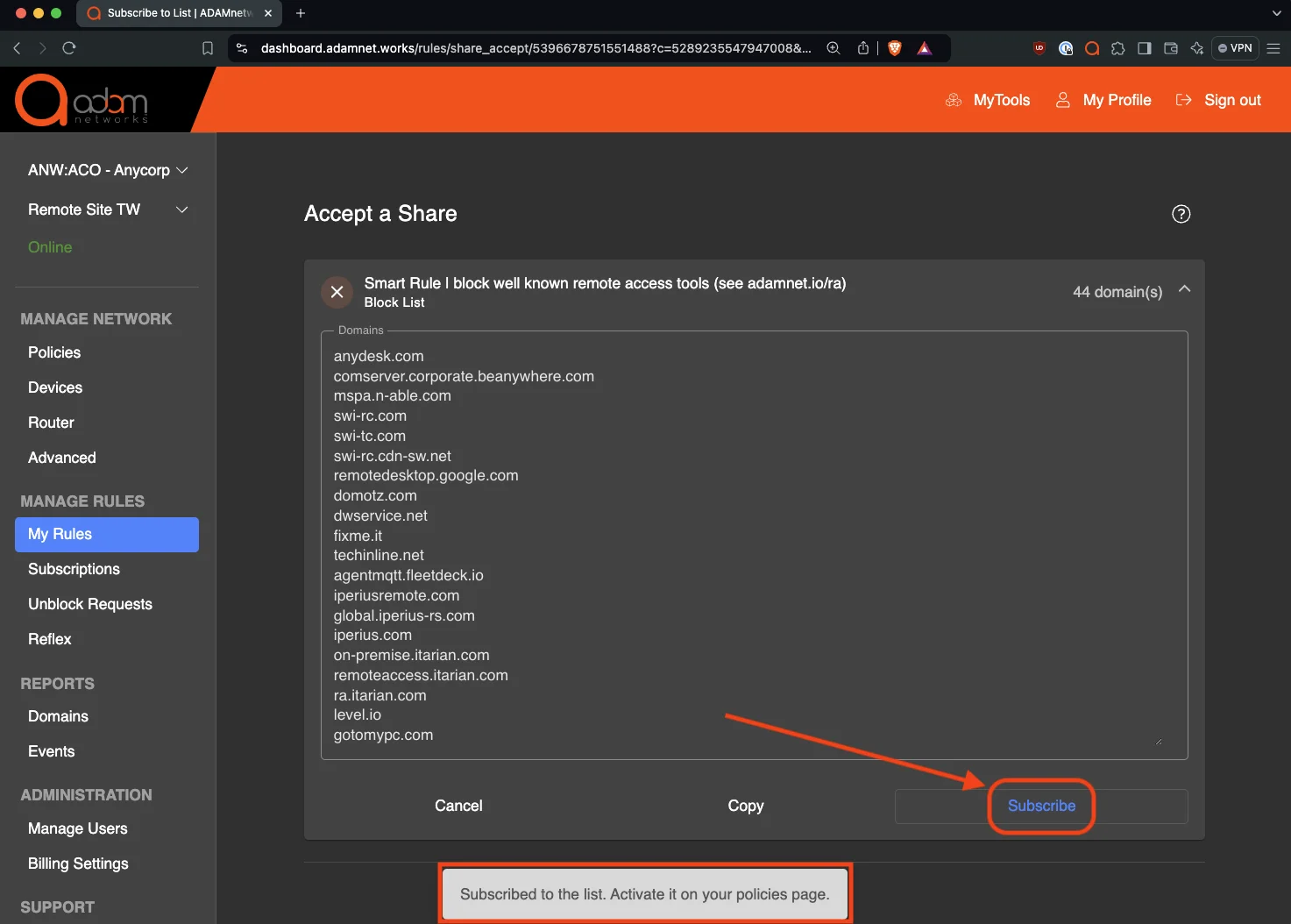 Subscribing to the remote access tools blocklist in the adam:ONE dashboard