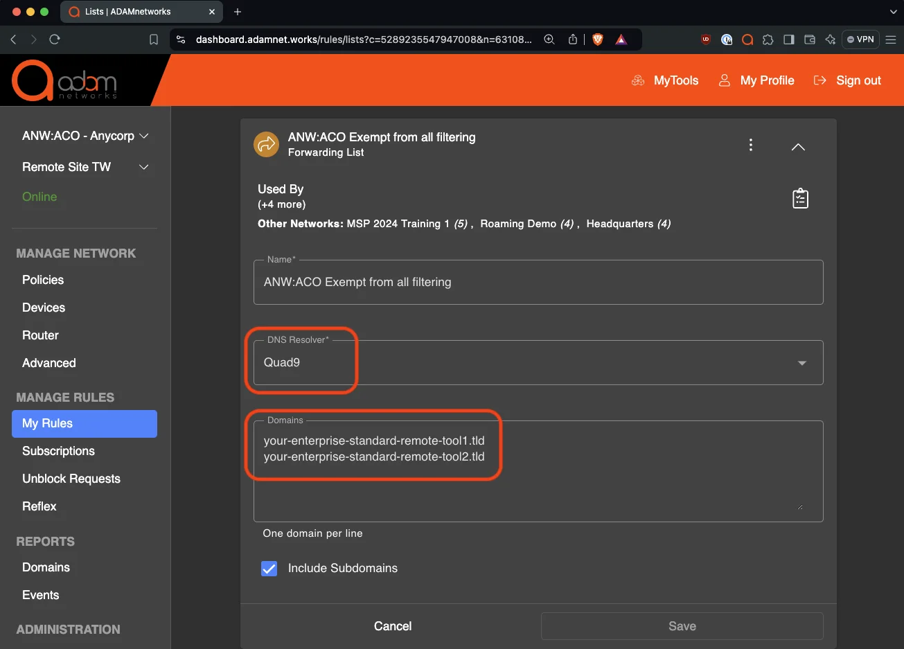 Forwarding rule that exempts an approved remote access tool from filtering