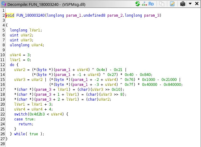 Ghidra decompiler view of function 0x180003240 showing per-lane XOR constants, a 0x21 subtraction, and shifts packing four values into three bytes.