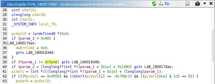 Ghidra decompiler view of the manual PE mapper at 0x180017d60 testing the first two bytes against 0x5a4d before parsing PE headers.